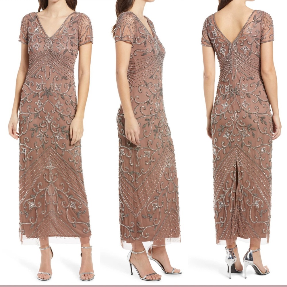 PISARRO NIGHTS Beaded Mesh Column
Gown in Mauve size 10